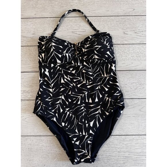 Nip Tuck Swim One Piece Swim Suit Metallic Textured Leaf Black and White US 12 - Picture 1 of 6